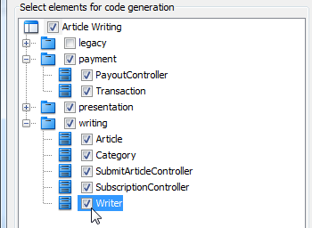 Select classes to generate code