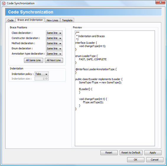 Brace and indentation configuration