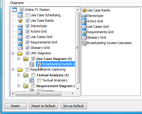 Select diagram to include in report
