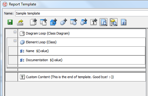 A sample template showing the use of diagram loop, element loop, property and custom text components