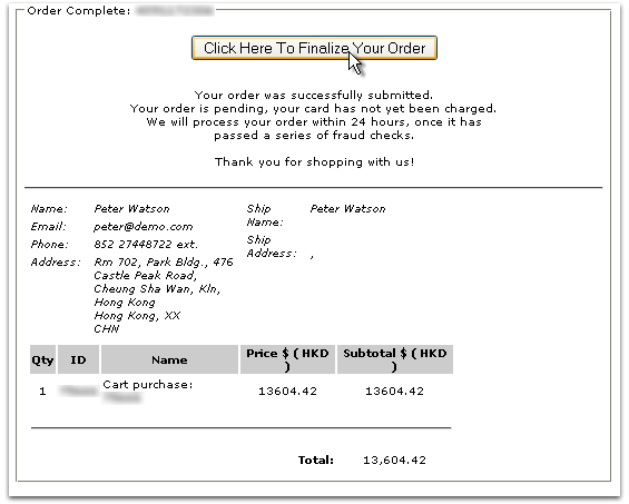 Order Processed.