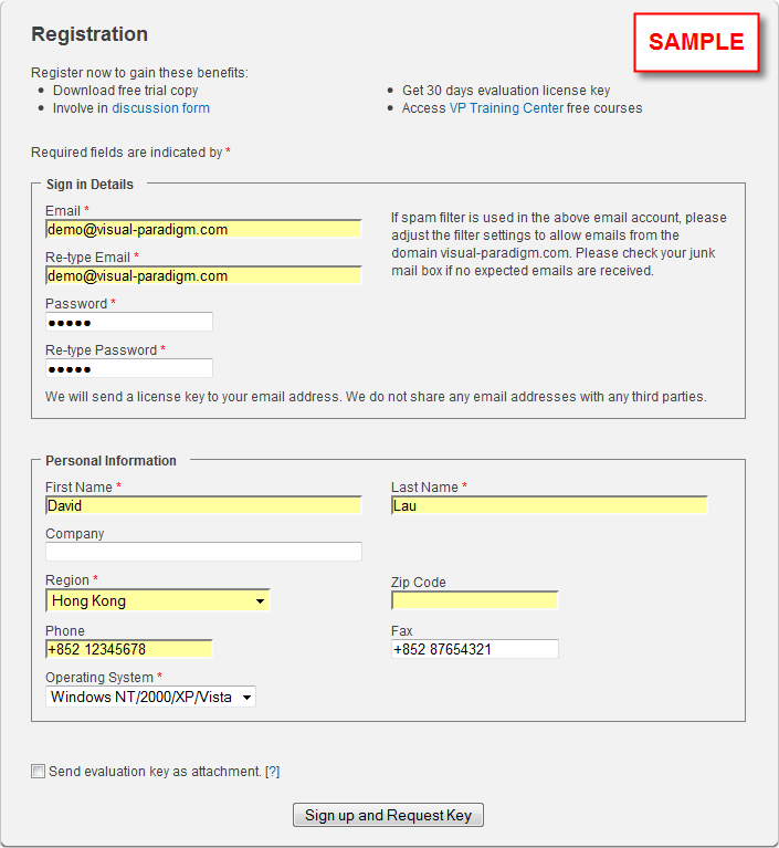 fill in sign up form