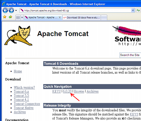 Visit Tomcat download page at