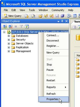 right click sql server properties