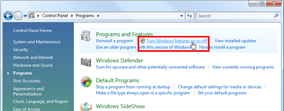 select turn on off win features