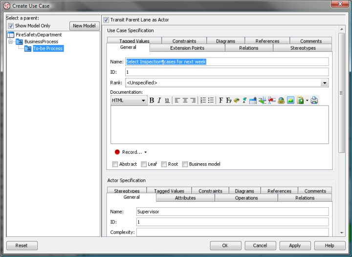 create use case dialog