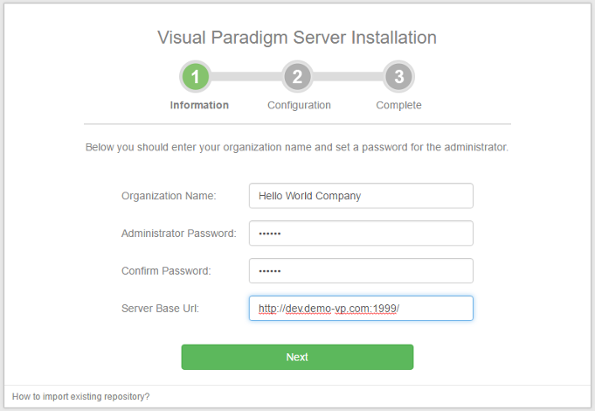 Organization name and password are entered