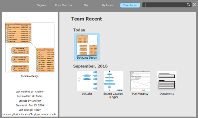 Team Recent view of Project Browser