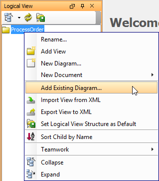 Select Add Existing Diagram... from the pop-up menu