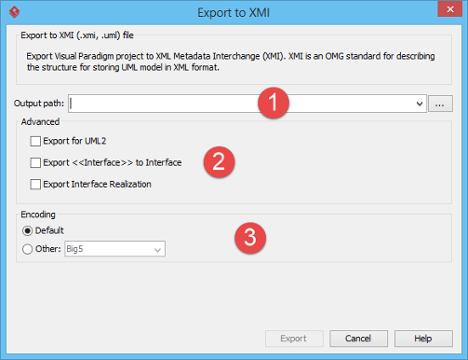 An overview of the Export to XMI window