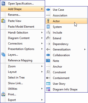Create a shape through the pop-up menu of diagram