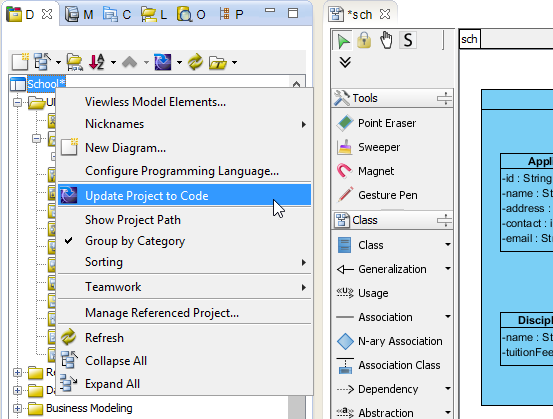 Update the whole Java project from UML project
