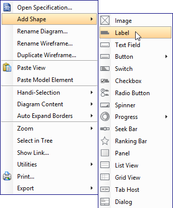 Creating a wireframe element via the popup menu