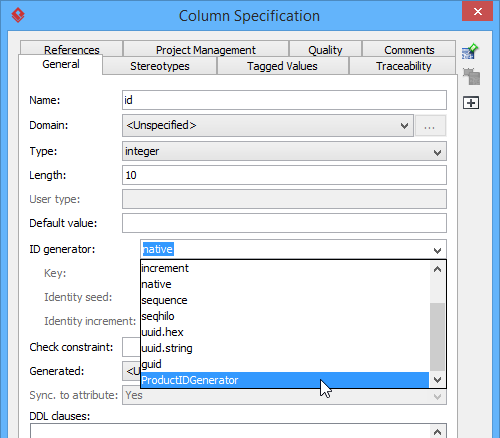 Select an ID generator in Column Specification window