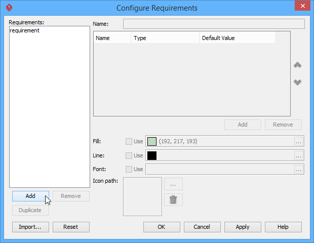 Configure Requirements window