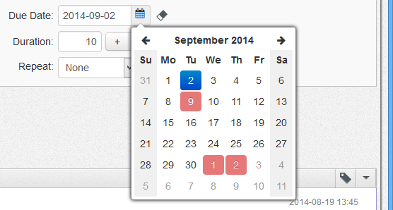 Date picker with non-working days painted in gray, holidays painted in red