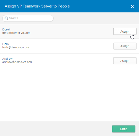 Assigning VP Teamwork Server (application) to people