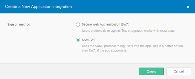 Creating an application with SAML 2.0 as sign on method